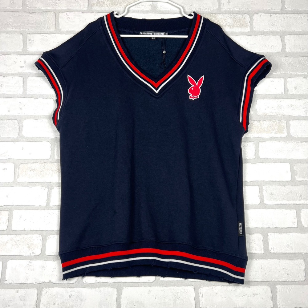 Playboy x Missguided Navy Blue Varsity Sweater Vest Red Bunny Logo‎ Mens US 10